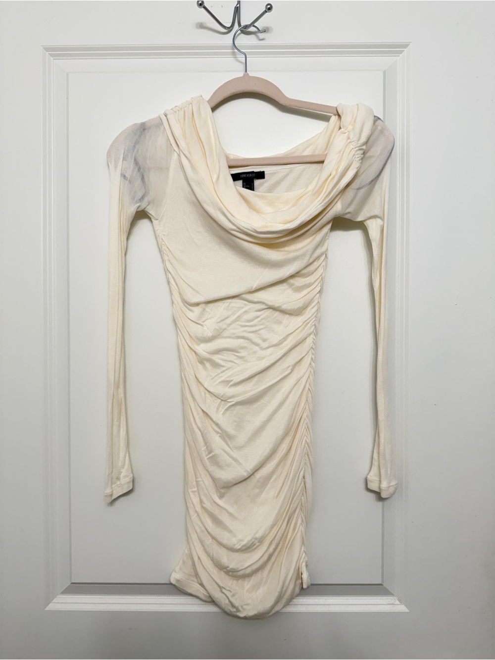 Forever 21 Cream Ruched Cowl Neck Long Sleeve Dress